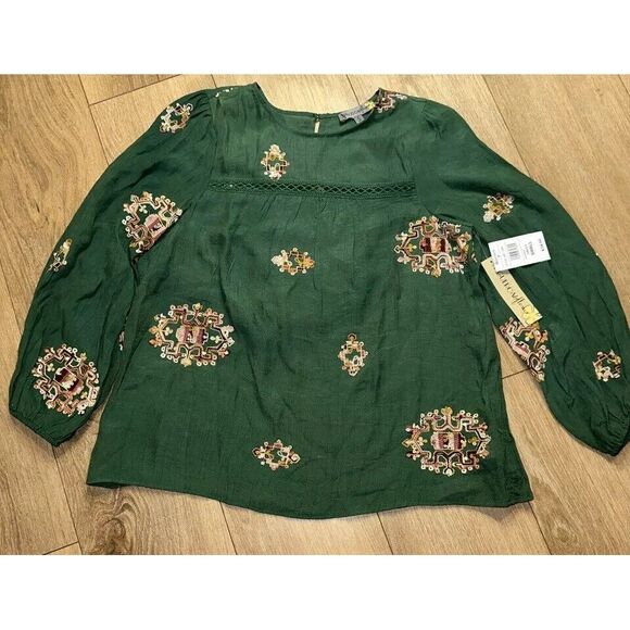 Tops - Figueroa & Flowers Women's Rayon Blend Green Embroidered Blouse Small